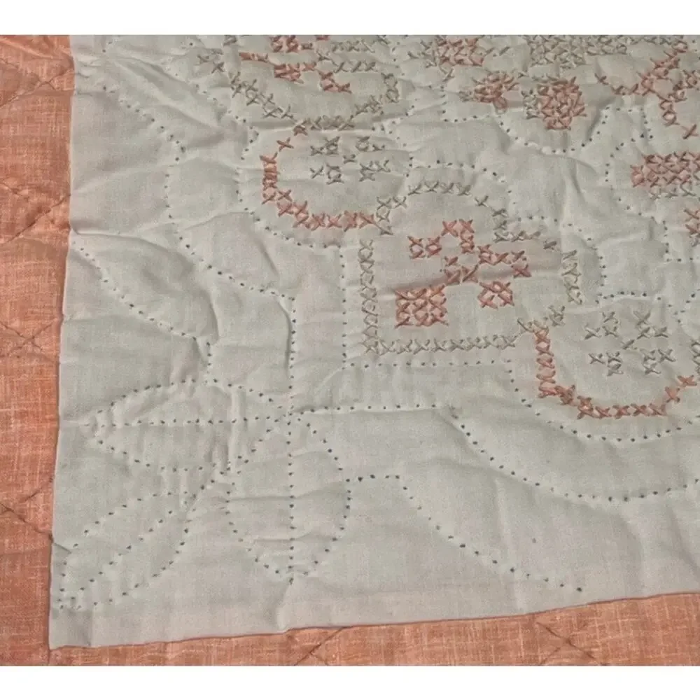 Vtg Handmade Stitched Quilt Twin 101 x 88 Peach Incomplete Project Cottage Retro